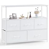 Sweetcrispy Kommode,TV Schrank Stand für Schlafzimmer mit 5 Stoffschubladen,Sideboard Wohnzimmer für 115cm TV,Einstellbare Füße Schubladenschrank,Komodenschrank für Schlafzimmer,Modernes Weiß
