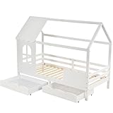 BXEYXE Haett Kinderbett Jugendbett 200x90 mit Rausfallschutz vielseitiges Holz Kinderbett für Jungen & Mädchen, Wei Schubladen, Massivholz Kinder Bett mit Rausfallschutz Fenster und Lattenrost, Weiß