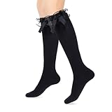 Yolev Lolita Kniestrümpfe Damen Schwarz Schleifen Strümpfe Baumwollsocken mit Schleife Lolita Socken Atmungsaktiv Overknee Socken für Mädchen Frauen zum Täglichen Tragen Schule Date Tanz Party