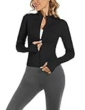 Bkul Laufjacke Damen Atmungsaktive Sportjacke Langarm Running-Jacken Yoga Fitness Sportjacke mit Reißverschluss Trainingsjacke mit Daumenlöchern Schwarz S
