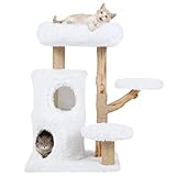 FANTASK Holz-Katzenkratzbaum 93 cm, 2-stöckige Katzenhöhle mit Plüsch-Plattformen, Kratzsäulen aus Jute & Sisalseil, Katzenkletterbaum Katzenmöbel