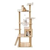 170 cm Kratzbaum Holz, Mehrstöckiger Katzenkratzbaum Groß, Moderne Katze Kratzturm mit 2 Raumkapsel, Kratzsäule, Leiter, Höhle, Plüschball (Natur)