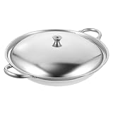 NOLITOY Edelstahl Wok mit Deckel Antihaftbeschichtet für Ramen Koreanisch Kochen Vielseitiger Topf mit Flachem Boden und Doppeltem Griff für Induktionsherd und Alkoholverbrennung