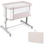 COSTWAY 3 in 1 Beistellbett, Reisebett Baby mit Matratze, Babybett & Babywiege & Kinderbett 5-stufig höhenverstellbar neigbar, Stubenwagen mit Tragetasche bis 9kg belastbar (Beige)