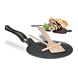 Relaxdays Crêpepfanne mit Teigverteiler & Holzspatel, induktionsgeeignet, Aluminium, Pfannkuchenpfanne, Ø 25 cm, schwarz