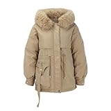 AQ899 Damenjacke Winter Damen Mantel Elegant Damen-Winterparka-Mäntel, weiche -gefütterte mit Kordelzug und Kapuze mit Kunstbesatz Winterparka Damen Schwarze Winterjacke Damen (Khaki, XXL)
