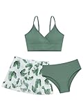 Xnihocha 3 Stück Bikini Set Mädchen Teenager Bikinioberteil mit Triangel Bikinihose und Rock Hawaii UV Schutz 50+ Schwimmanzug für 8-16 Jahre Grün 158-164