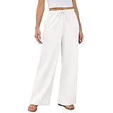Lishang Leinenhose Damen Lang Sommer Mit Taschen Leichte Lockere Sommerhose Damen Strandhose Bequeme Hose Elastisch Taille Weiß L