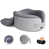 Nackenkissen Flugzeug - Memory Foam Reisekissen mit Kapuze, Verstellbares Ergonomisches Nackenhörnchen Erwachsene mit Ohrstöpseln, Augenmaske,Tragetasche, Ideal für Reisen mit Flugzeug, Auto