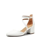 DREAM PAIRS Damen-Pumps mit geschlossenem, spitzem Zehenbereich und niedrigem Blockabsatz, Knöchelriemen, Hochzeitsschuhe, Elegante Schuhe,Size 38,Weiss-Pu,SDPU2354W