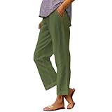 Leinenhose Damen Lang Weiß, Strandhose Damen Weiss, Leichte Sommerhose Stretch Freizeithose Mit Taschen Jogginghose Elastische Relaxhose Große Größen Lounge-Pants Casual Palazzo Hose Damenhose
