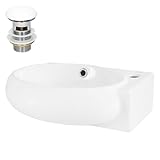 LuxeBath Waschbecken aus Keramik Weiß 43x28x15 cm oval mit Ablaufgarnitur Weiß, Hahnloch rechts, Wandmontage, Modernes Aufsatzwaschbecken, Waschtisch klein, Waschschale Waschplatz Handwaschbecken