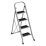 SONGMICS Trittleiter, Leiter mit 4 Stufen, Klapptritt, Klappsicherung, einfach zu verstauen, bis 150 kg belastbar, Taubengrau GSL004G01