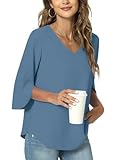 TAOHUADAO Damen Sommer Casual T-Shirt V-Ausschnitt Tunika Tops für Leggings Chiffon Bluse Shirt XL, Blau
