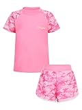 Hedmy Mädchen Badeanzug UPF 50+ Schutz Kurzarm Schwimmshirt Badeshorts Zweiteiler Bademode Hawaii Badebekleidung Rosa 158-164
