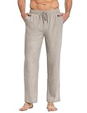 COOFANDY Hose Herren mit Kordelzug Leinenhose Lang Leichte Sommerhose Freizeithose Elastische Taille Strandhose Stoffhose Schlupfhose Yoga Hose Hellgrau M