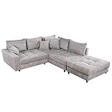 riess-ambiente.de Moderne Wohnlandschaft KENT 220cm hellgrau Cord inklusive Hocker und Kissen Ecksofa
