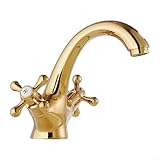 Waschbeckenarmatur im Vintage-Stil, Doppelgriff, drehbares Design mit Warm- und Kaltwasseroptionen (Gold)