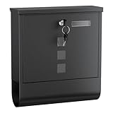 Wiltec Briefkasten mit Zeitungsrolle, schwarz, 305 x 100 x 338 mm, Wandbriefkasten mit Namensschild, Sichtfenstern, Schloss und Zeitungsrolle, Postkasten aus pulverbeschichtetem Stahl