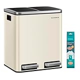 SONGMICS Mülleimer Küche, 2 x 15 Liter, Mülltrennsystem 2 Fächer, inklusive 15 Müllbeutel, Abfalleimer, Treteimer, recycelbare Abfälle, Biomüll, Softclose-Deckel, sandbeige-tintenschwarz LTB30A02