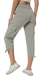 Huayuzh Damen Cargo Caprihose Wanderhose 3/4 Hose Sommer Cargohose Leichte Atmungsaktiv Athletisch Reisen Lässig Outdoorhose Grau Khaki XL