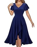 DRESSTELLS Vintage Rockabilly Kleid Cocktailkleid Damen Elegant Knielang Abendkleid Dunkelblau Rüschen Partykleid V-Ausschnitt Hochtief Sommerkleider Navy 2XL