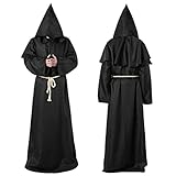 Wishstar Mönch Robe, XL Mittelalterliche Renaissance Robe, Kostüm Mönch mit Kapuze und Kordel, Schwarz Männer Prister Gewand Kostüm mit Kreuz für Mottoparty Halloween Cosplay Karneval und Fasching