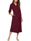 UNibelle Damen Bademantal Baumwolle Morgenmantel lang leicht Kimono Maxi Dünn Saunamantel weich Robe Tasche Frauen Hausmantel Dark Red S
