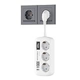 7 in 1 Steckdosenleiste überspannungsschutz (4000W 16A), 3 Fach Steckdosen mit 2 USB-C und 2 USB-A, 50mm Kurzes Kabel Steckdosenadapter mit Leistungsschalter, Kindersicherung, Wandmontage für Zuhause