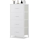 DUMOS Kommode mit Schubladen - kommoden & Sideboards für Schlafzimmer Geeignet, Komodenschrank mit 4 Schubladen, Stoffkommode mit Stabilem Stahlrahmen, Ideal für Schlafzimmer, Wohnzimmer (Weiß)