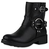 VAN HILL Damen Biker Boots Blockabsatz Schnallen Trendy Schuhe 214051 Schwarz 38