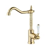 Gebürstetes Gold Messing Küche Waschbecken Wasserhahn Single Griff Bar mit 360 ° Schwenkbar Lange Kurve Auslauf Hochbogen Badezimmer Bauernhaus YIGUANXIN