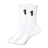 Tindo Kaktus Socken Damen Herren – Weiße Crew Socken mit Kaktus Stickerei – Lustige Baumwollsocken Unisex – Retro Streetwear Motivsocken – Bequeme Alltagssocken & Geschenkidee