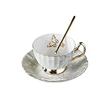 Keramikkaffeetasse Luxuriöse Retro-Kaffeetasse aus Knochenporzellan, hochwertiges, exquisites Keramik-Teeservice mit Löffel, schwarze Teetasse Kaffeetassen(White)