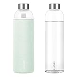 LOOFORE Glasflasche 1 liter / 1l, Wasserflasche Glas 1000ml inkl. Neoprenhülle, BPA freie, Trinkflasche Spülmaschinenfeste, Water Bottle für kohlensäurehaltige Getränke
