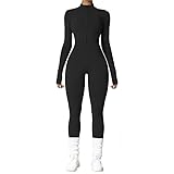 Vmhkjo Jumpsuit Damen Lang Eng Thermo Langarm Reißverschluss Overall Einteiler Yoga Bodycon Bodysuit Slim Fit Warm Gefütterte Ganzkörperanzug,Schwarz,M