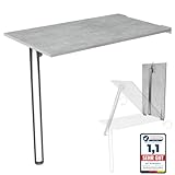 KDR Produktgestaltung Wandklapptisch Schreibtisch Tischplatte 80x50 cm in Betonoptik Klapptisch Esstisch Küchentisch für die Wand Höhe Tisch 74 cm zur Wandmontage mit Tischbein klappbar