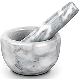 Parmedu Marmor-Mörser- und Stößel-Set: Küchenmühle aus Naturmarmor in kleiner Größe mit 10cm Durchmesser - Manuelle Gewürzmühle Kräutermühle Pillenzerkleinerer mit Stößel in Weiss