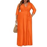Milloud Damen Wickelkleid V-Ausschnitt Elegant Cocktailkleid 3/4 Ärmel A Linie Swing Ausgestellt Hochzeit Gäste Party Midi Kleider, 3-orange, 6X-Groß
