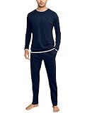 Aseniza Herren Schlafanzug Lang Pyjama Baumwolle Winter Zweiteilige Pyjamas mit Langarmshirt und Schlafanzughose für Männer,Blau,XL
