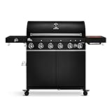 BURNHARD 6-Brenner Gasgrill Fat FRED Deluxe Black Series 3 inkl. Backburner, 900°C Infrarot-Keramikbrennern, Seitenkochfeld, Gusseisen-Grillrost, Grillabdeckung, Grillwagen, klappbare Seitentische