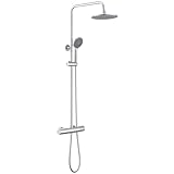 Auralum Duscharmatur mit Thermostat aus Edelstahl Höhenverstellbar 92-122cm, Regendusche mit Armatur 23x23cm Kopfbrause und 3 Strahlarten Handbrause, Duschsystem mit Thermostat Chrom