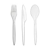daybays Plastikbesteck Set 50x Plastikgabel 50x Plastikmesser 50x Plastiklöffel Mehrweg Geschirrset Partybesteck Plastikgeschirr Mehrwegbesteck Spülmaschinenbeständig (50, Transparent)