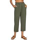 Weiße Damen Leinenhose mit seitlicher Tasche als Enge lässige Plus Size Hose für Freizeit Urlaub (Army Green, L)