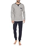Winovia Herren Schlafanzug lang Sleepwear Pyjama Set Baumwolle Zweiteiliger Nightwear Set Nachtwäsche Langarm Hausanzug mit Rundhals Design, Langarm Shirt & Schlafanzughose Grau L