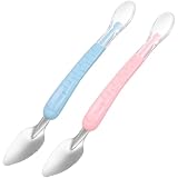 ORFOFE 2 Stück Fütterlöffel aus Edelstahl und Silikon Doppelseitiger Obstpüree Schaber Frei Weich und Sicher für Babys