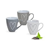Jumbo Kaffeetassen 3er Set Landhausstil Herz weiß, grau, beige - Große 400ml XXL Tassen aus Keramik für Tee, Kaffee, Cappuccino - Schönes Geschenk Tassenset spülmaschinenfest und mikrowellengeeignet