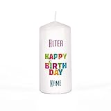 Herz & Heim® Geburtstagskerze Stumpenkerze mit Wunschnamen und Alter Gratis 150/67mm Brenndauer 45 h