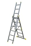 Bayersystem BS-DW 3x6 Mehrzweckleiter, 3x6 Sprossen, 3-teilige Alu-Kombileiter, bis 150 kg belastbar, max. Arbeitshöhe 4,05 m, Klappleiter, Multifunktionsleiter, Stehleiter, Silber/Gelb