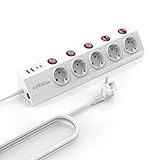 5 Fach Steckdosenleiste mit USB Einzeln Schaltbar, Weiße Mehrfachsteckdose (3680W/16A) mit 1 USB-C und 3 USB-A, Schnelllade, Überspannungsschutz Steckerleiste mit Kindersicherung für Homeoffice